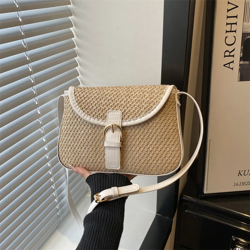 Summer Vintage Straw Woven Shoulder Bags for Women Patchwork Versatile Ladies Square Phone Handbag Vacation Beach Crossbody Bag 260917