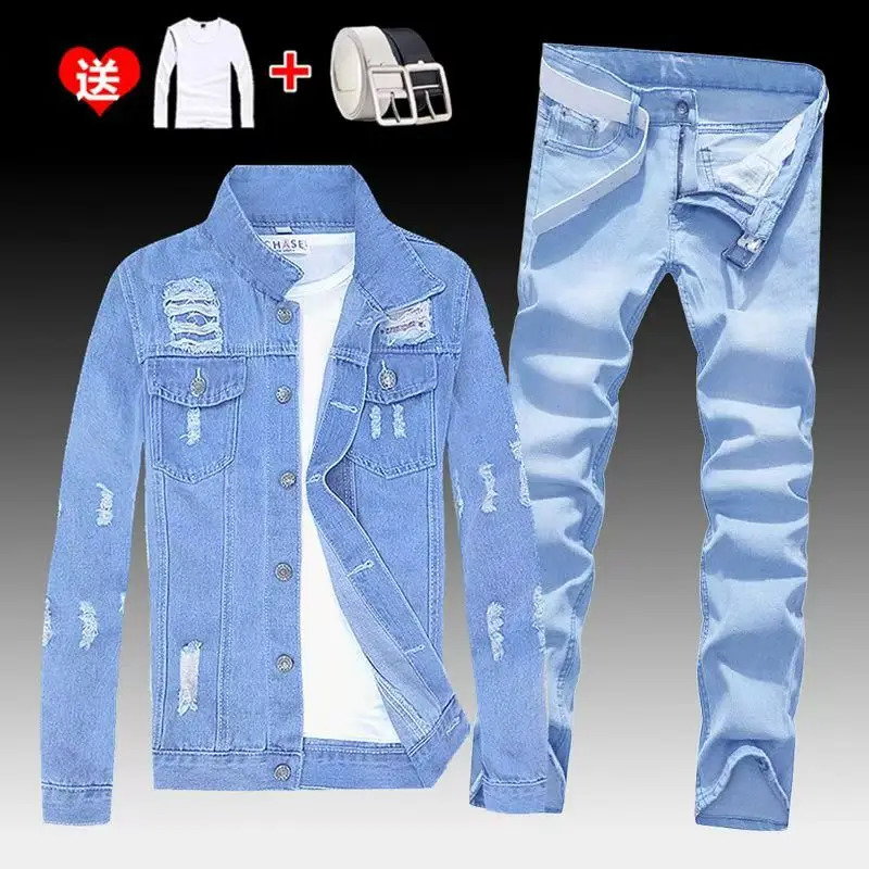 Spring Mens Denim Two Piece Set Hole Ripped Slim Fit Jacket Jeans Sets Male Casual Vintage Ropa Hombre Cargo Suit Streetwear 260918
