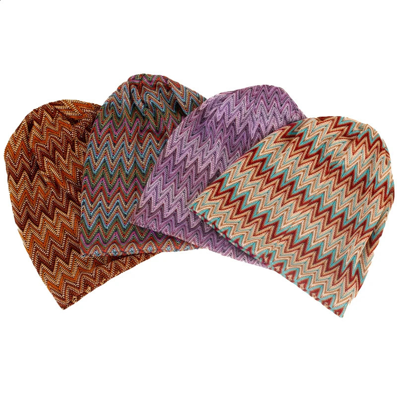 Geebro Women's Bohemia Wave Striped Beanie Hat Spring summer Multicolour Slouchy Hat for Ladies Knitted Bone hat Skullies Cap 260917