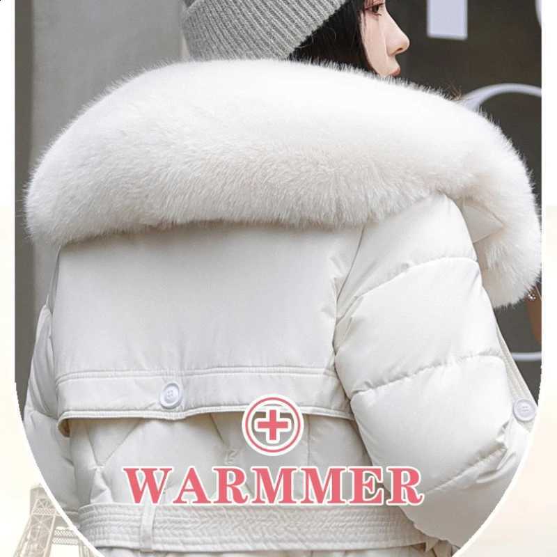 2025 New Fashion Long Over The Knee Waist Warm Thick Parkas Coat White Fur Collar Down Cotton Parkas Padded Coat Women Winter H260917