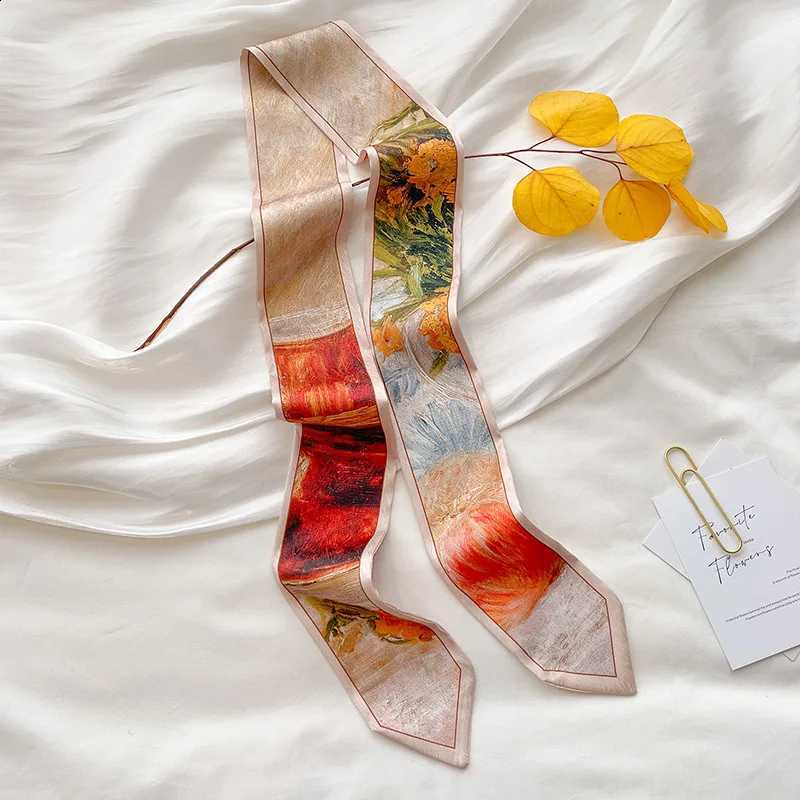 Summer TwillyElegant and Silk Spring Versatile Fashion band Streamers Bag Strs Oil Painting Style Small Ribbon Long Scarf Belt N260912