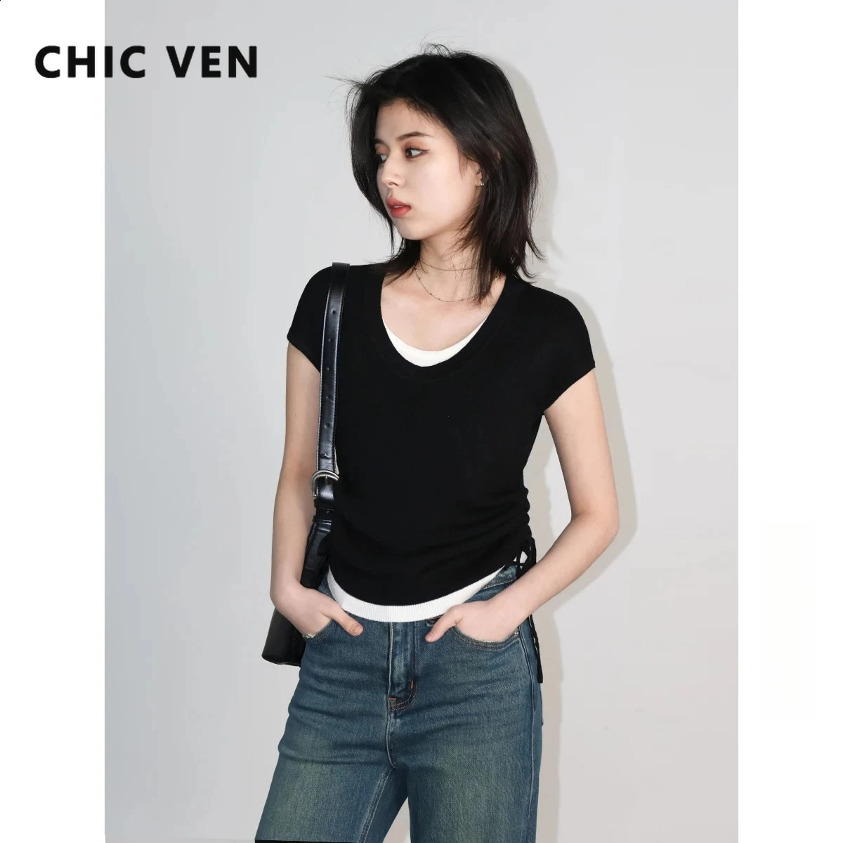 CHIC VEN Fashion Women TShirt Casual Short Sleeve Slim O Neck Ladies Tees Pleated Knitted Drawstring Sweater Spring Autumn 2026 260916