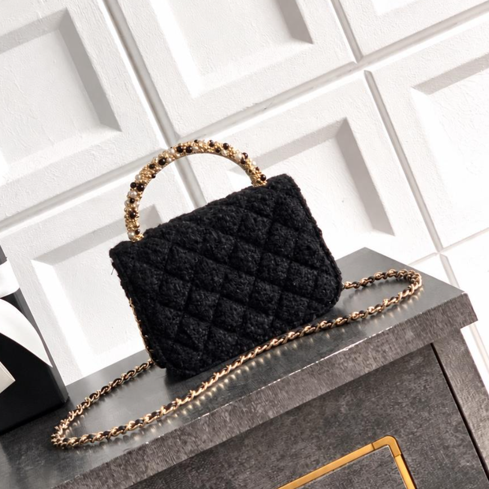 Tweed Quilted Flap Bag Pearl Handle Chain Shoulder Crossbody Purse Elegant Evening Party Handbag Top-Tier Designer New Arrival