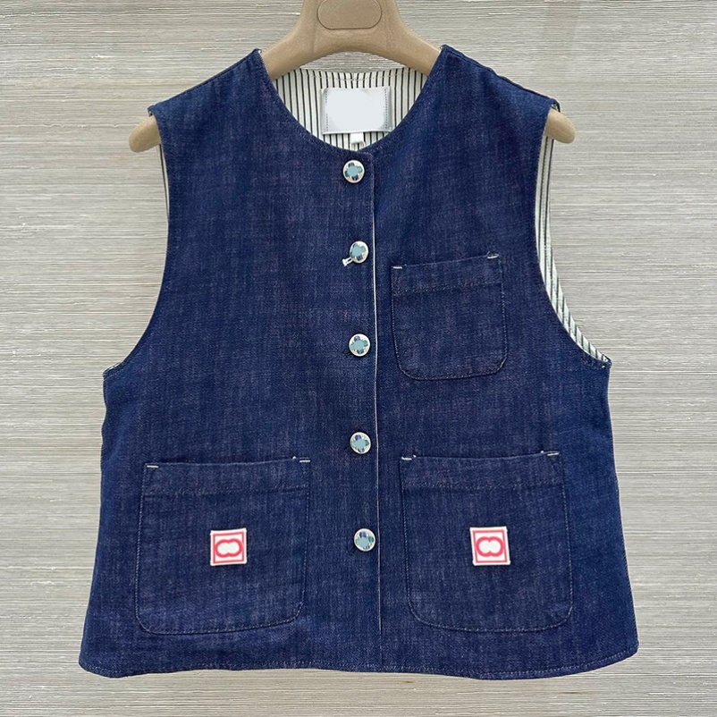 Luxury Women Denim Vests Designer Stripe Lining Button Down Vest Jacket Elegant Casual Round Neck Sleeveless Top