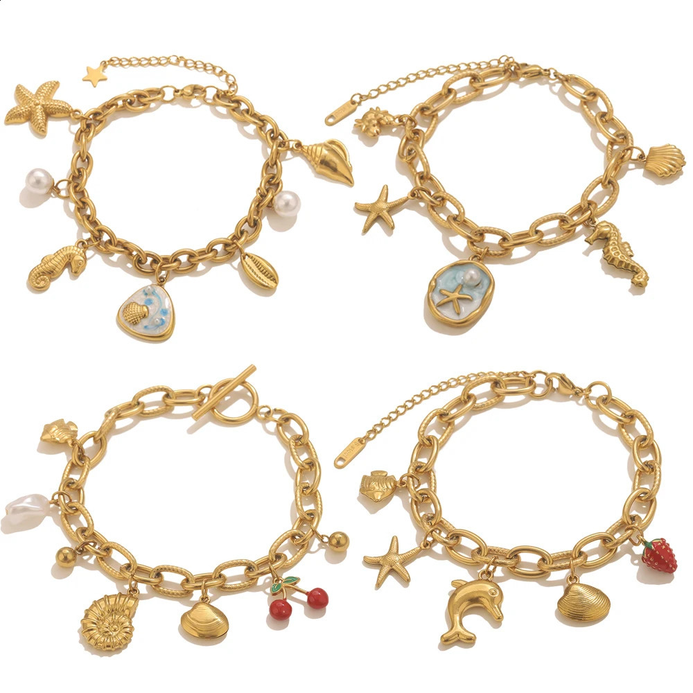 Jolivie Stainless Steel Starfish Seashell Bracelet Gold-Plated Pendant Bracelets For Women Jewelry WaterproofTrendy Jewelry Gift 260917
