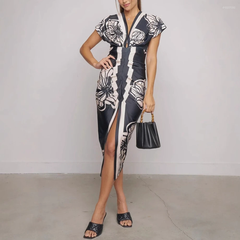 Women's Fashion Flower Print Front Split Short Sleeve Midi Dress Casual Deep V-neck Bodycon Offfice Lady Elegant