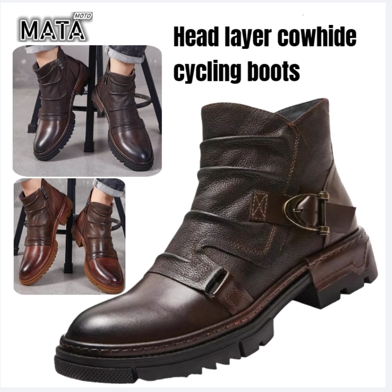 Retro Men's Motorcycle Leather Boots British Style Round Head High Top Shoes Casual Platform Boots Moto Street Gear 260917