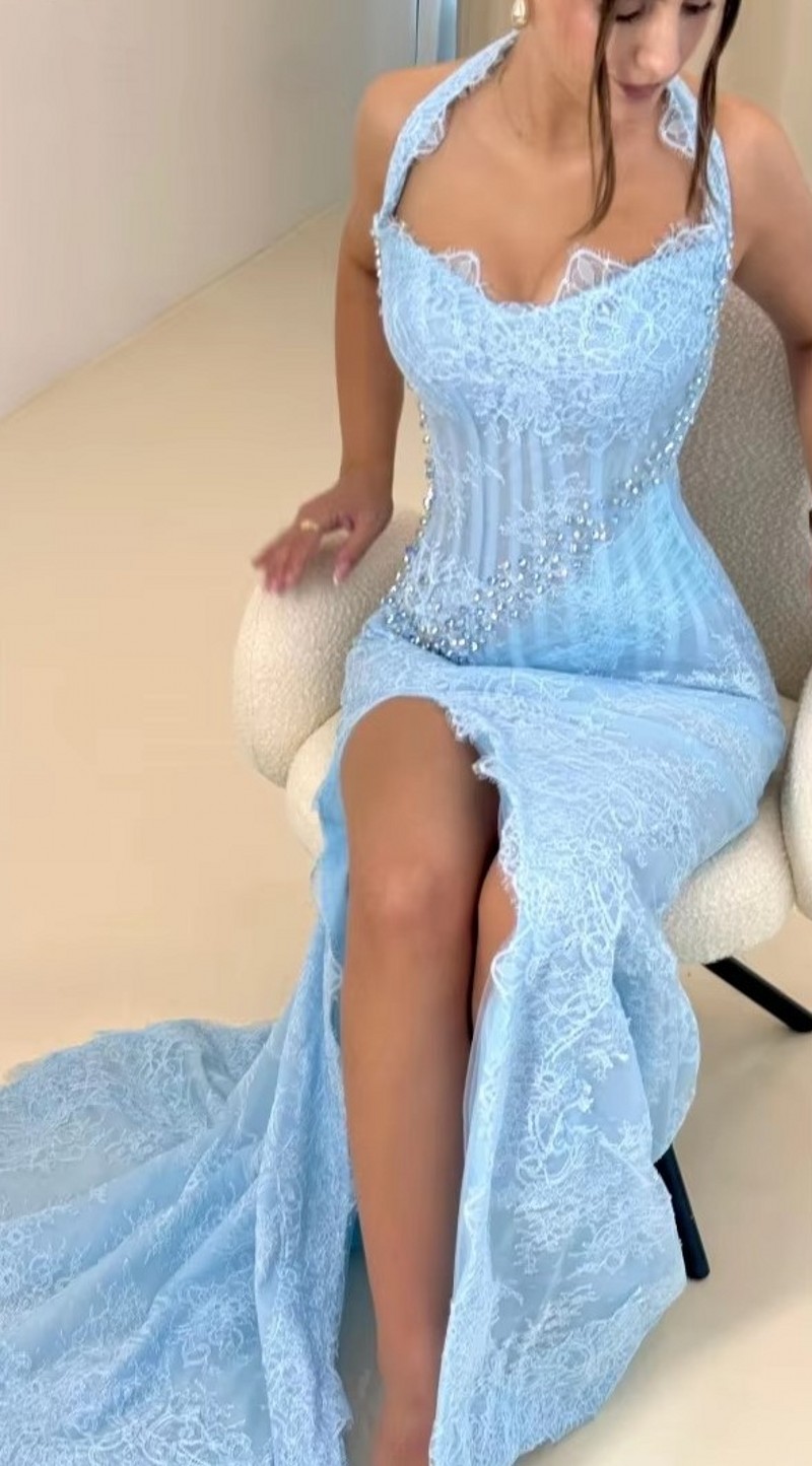 Sexy Sky Blue Lace Evening Formal Dresses Halter Neck Side Slit Backless Trailing Mermaid Prom Pageant Party Dresses Celebrity Vestidos De Feast Gal