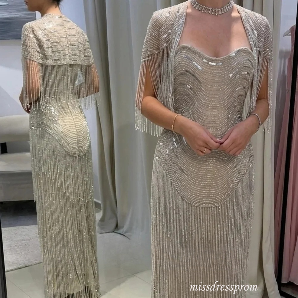 Shinny Nude Silver Sequined Evening Dress With Tassel Glitter Jacket Sweetheart Hand Beaded Fringe Mesh Long Party Gowns Women Formal Occasion Wears