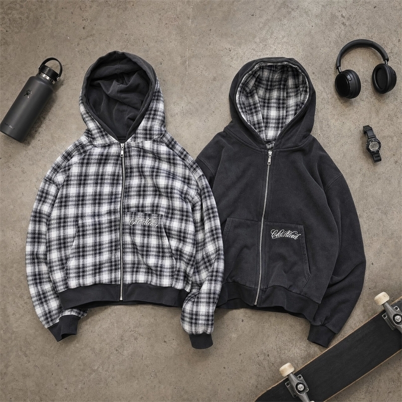 Black Plaid Double Face Hoodie Women Men Zip Up Oversized Reversible Streetwear Casual Long Sleeve Fashion Jacket Coat Y2K 260917