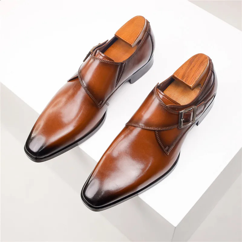 Men's Pointed Black Brown Genuine Leather Business Shoes Male er Monk Strap Loafers Homecoming Wedding Dress Footwear 260917