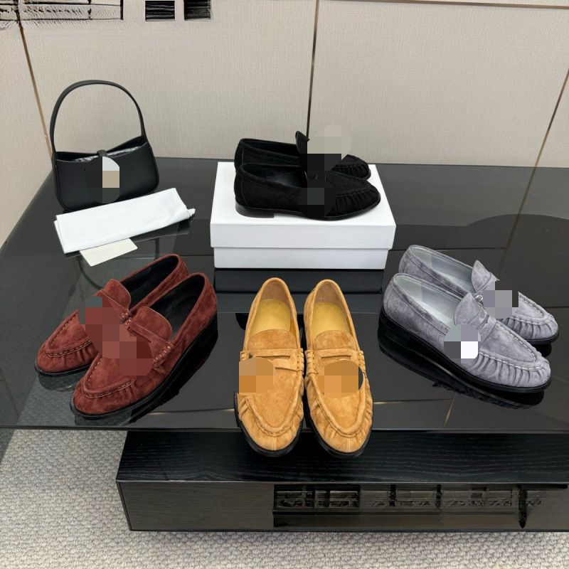Women's Round Toe Cowhide Loafers Metal Buckle Pleated Genuine Leather Slip on Flats Ladies Daily Casual Office MEN Dress CoupleShoes Multiple