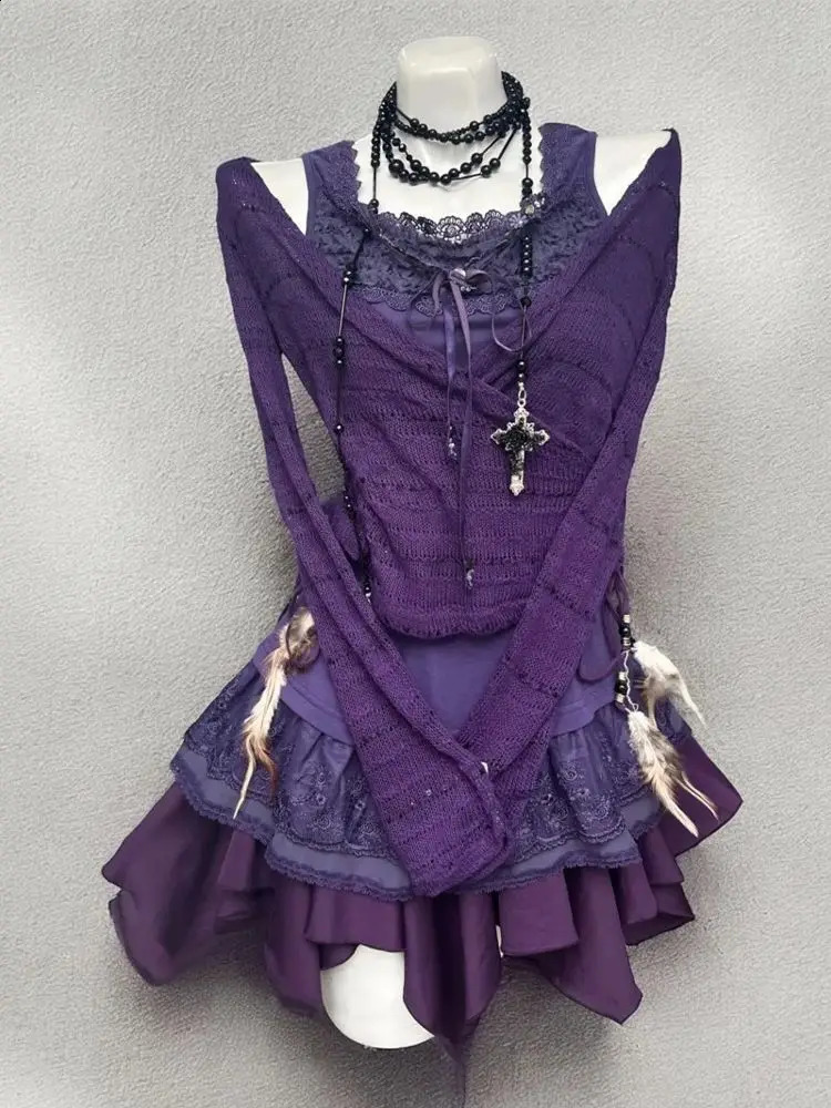 Sweet 3-Piece Set Slim Lace Women Dresses Y2k Goth Punk Sexy Vintage Dress Harajuku Korea Short Skirt Fairy 2000s Grunge Emo 260917