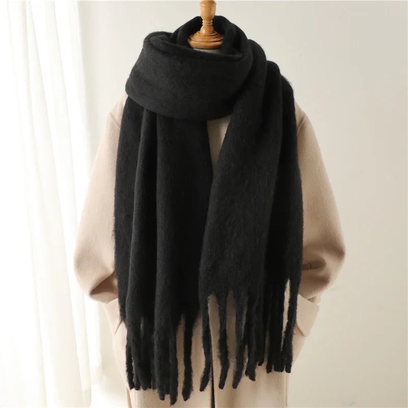 Winter Scarf for Women Thick Polyester Solid Tassel Shawl