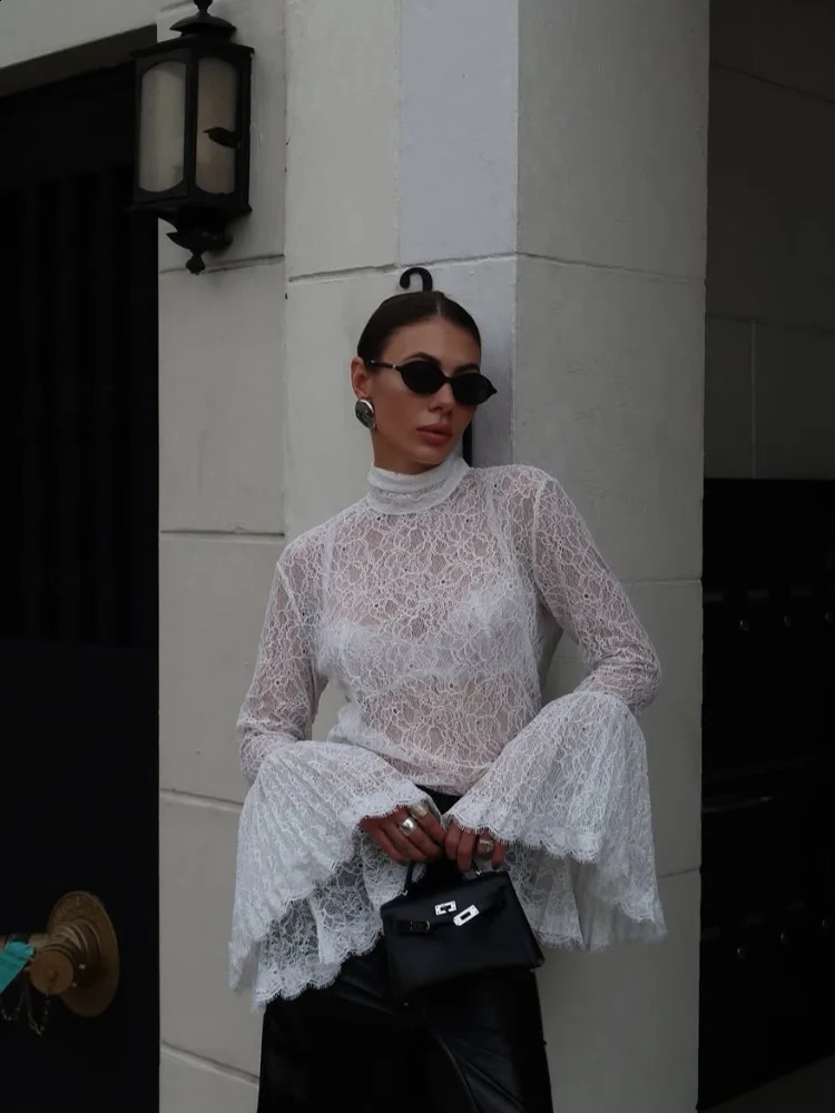 Women Elegant Lace Flared Long Sleeves Shirt Chic Half-high Collar See Through Lace-up Top 2026 Lady Spring Commute Street Tops 260917