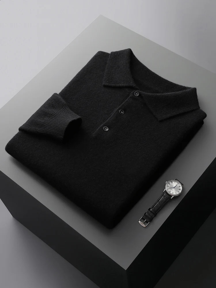 Men's Lapel Knit Pullover 100% Pure Wool Sweater Large Size Spring Autumn Winter Warm Tops Youth Casual Polo Collar T-shirt 260917