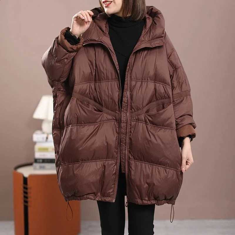 2025 New Winter Women White Duck Down Loose Jacket With Hood Female Thick Warm Outwear Casual Over Size Patchwork Coats H260917