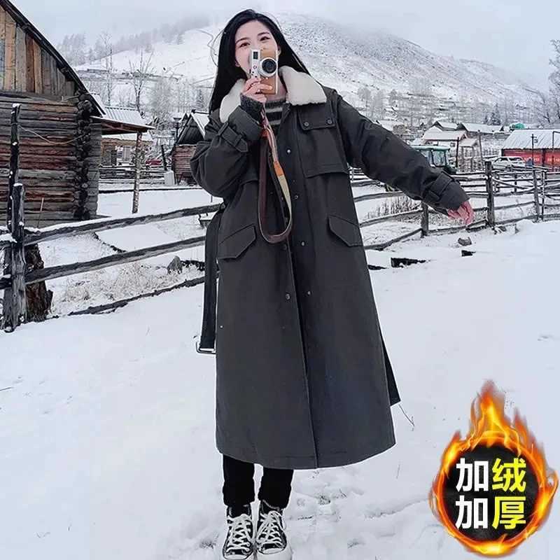 Women's Thicken Parka 2024 Winter New Work Clothes Loose Cotton Jacket Windproof Women Casual Lined lamb wool Warm Long Overcoat H260917