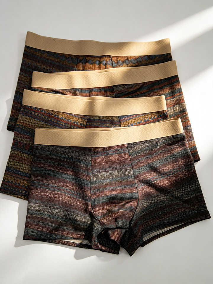 4 Pieces Men's Boxer Underpants Shorts Ice Silk Underwear Cool Breathable Men's Panties Plus Size Underpants Retro Print Men Underwear D26