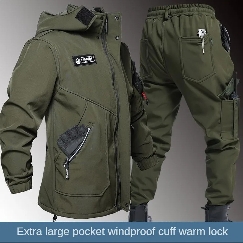 Autumn And Winter Solid Color Hooded And Velvet Assault Set Outdoor Labor Protection Suit Casual Mountaineering Work Suit 260917