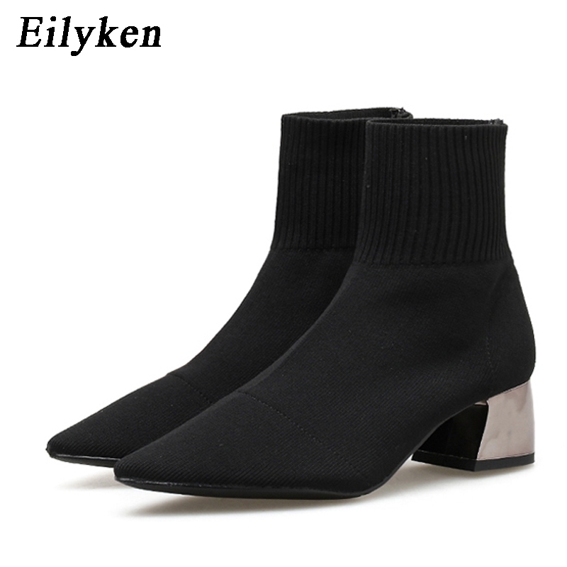 Eilyken Fashion Knitted Stretch Fabric Sewing Women Ankle Boots Square Heels Winter Pointed Toe Ladies Sock Booties 260917