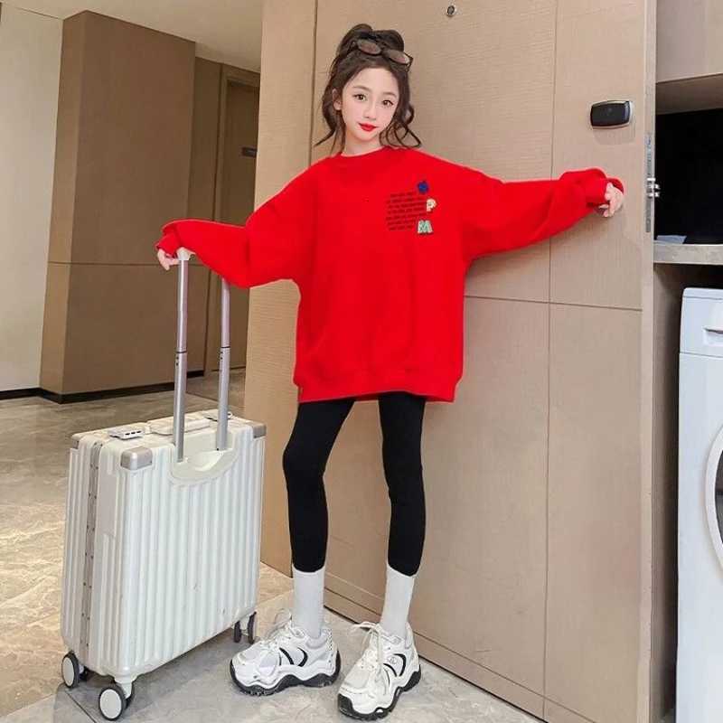 Winter Tween New Girls' 2025 Red Fleece Li Crewneck Sweatshirt Chic TopW260917
