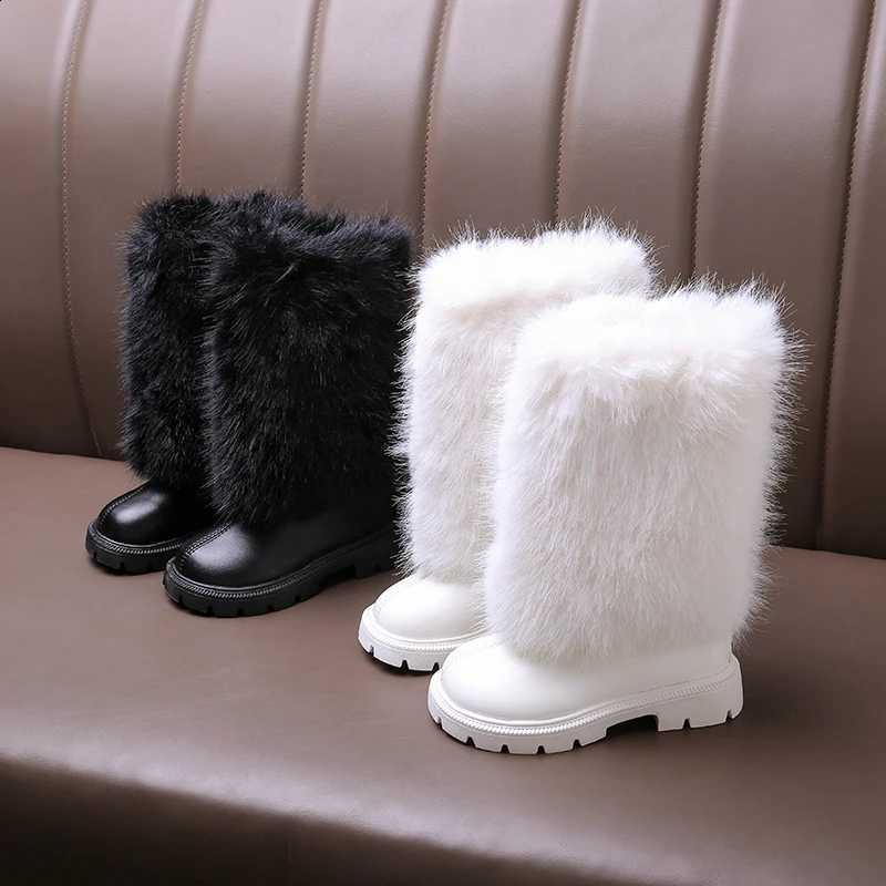 Fluffy White Fur Knight Boots for Kid Girl Autumn Mid-Calf Flat Booties Children Round Toe Square Heel Fashion Leather Botas X260917