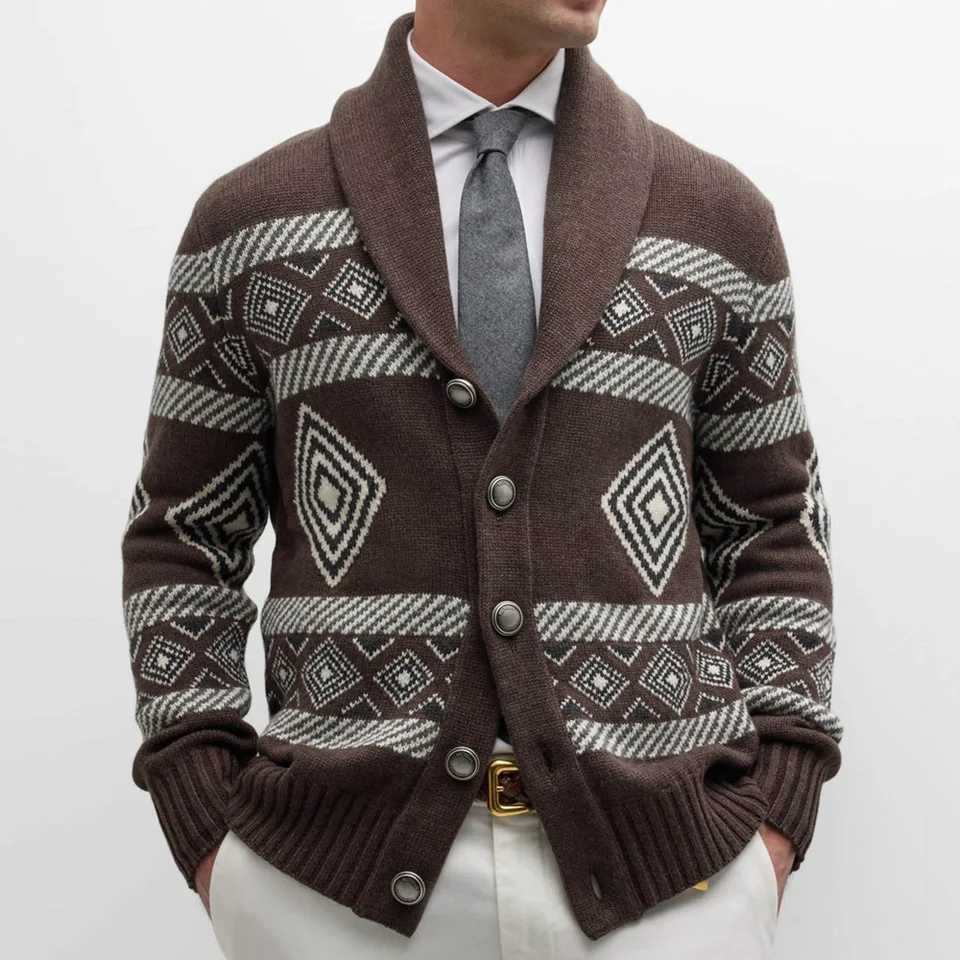 2026 Men's Knitted Geometry Graphics Cardigan Button-down Long Sleeve Sweater Male Fashion Popular Knitwear Retro Thickened Coat S2609185DGN