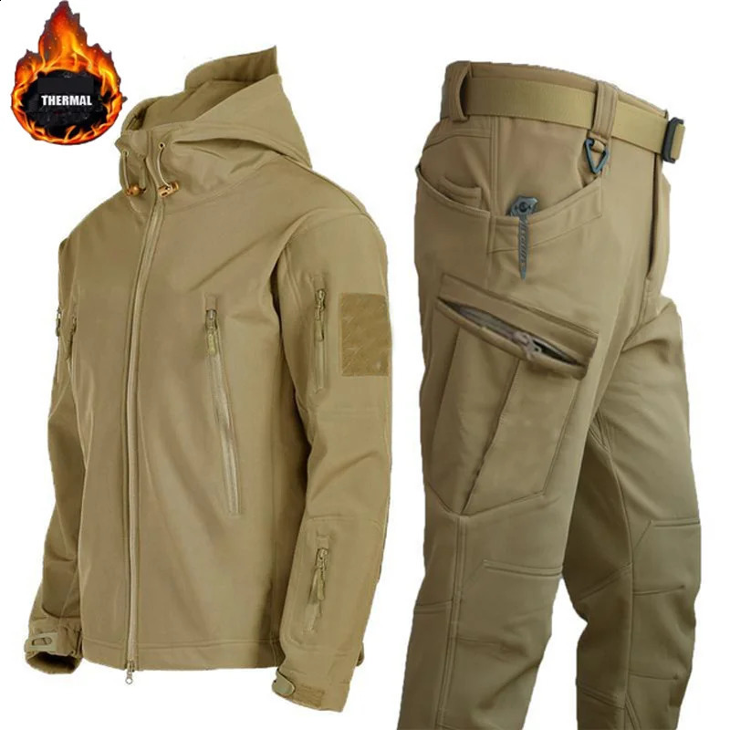 Winter Autumn Tactical Jackets Elastic Men Fleece Waterproof Suits Fishing Warm Hiking Camping Tracksuits Set Hood Coat S-5XL 260917