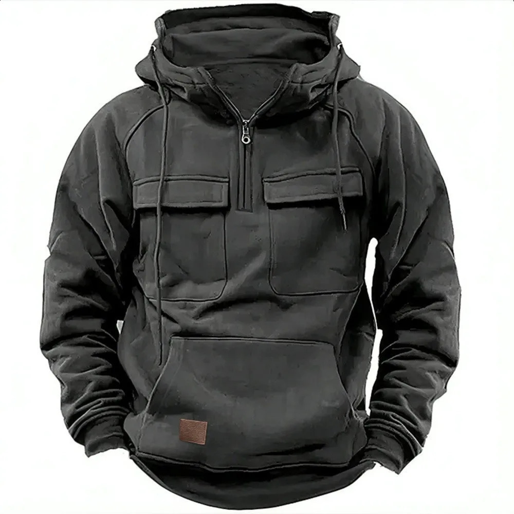 Mens Muscle Movement Workwear Style SpringAutumn Model Fashion Solid Color MultiPocket LongSleeved Hooded Sweatshirt 260918