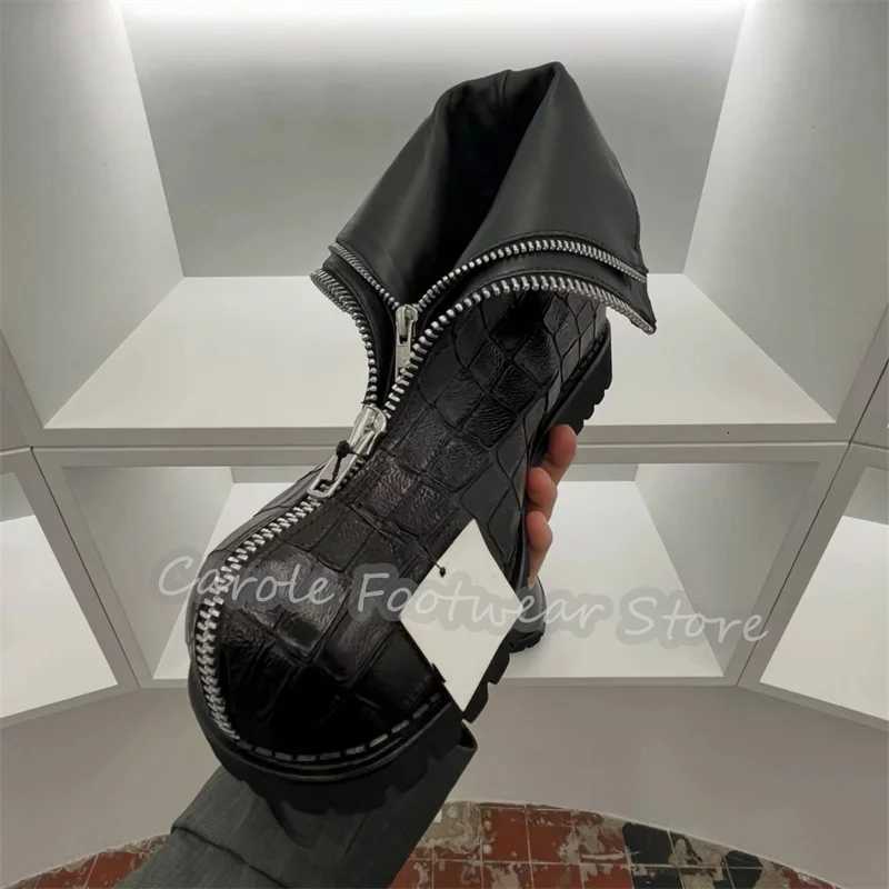 Black Gothic Crocodile Embossed Leather Mid-Calf Boots Male Double Zipper Chunky Heel Motorcycle Boots Outside Casual Footwear Q260916
