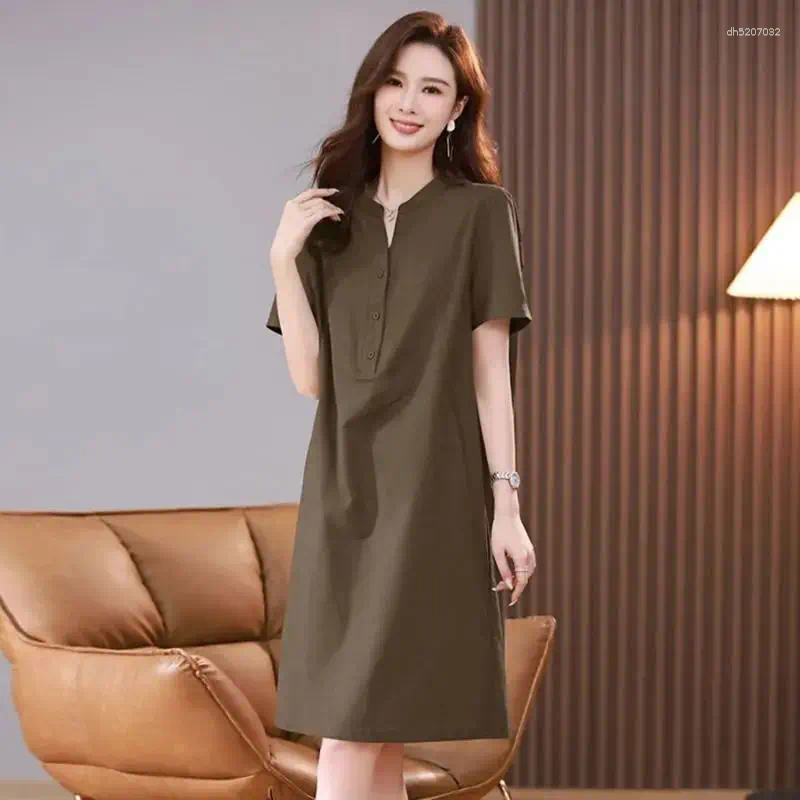 Simple Solid Color Polo Neck Short Sleeve A Line Dress For Women Casual Loose Fit Knee Length Daily Wear Summer Style