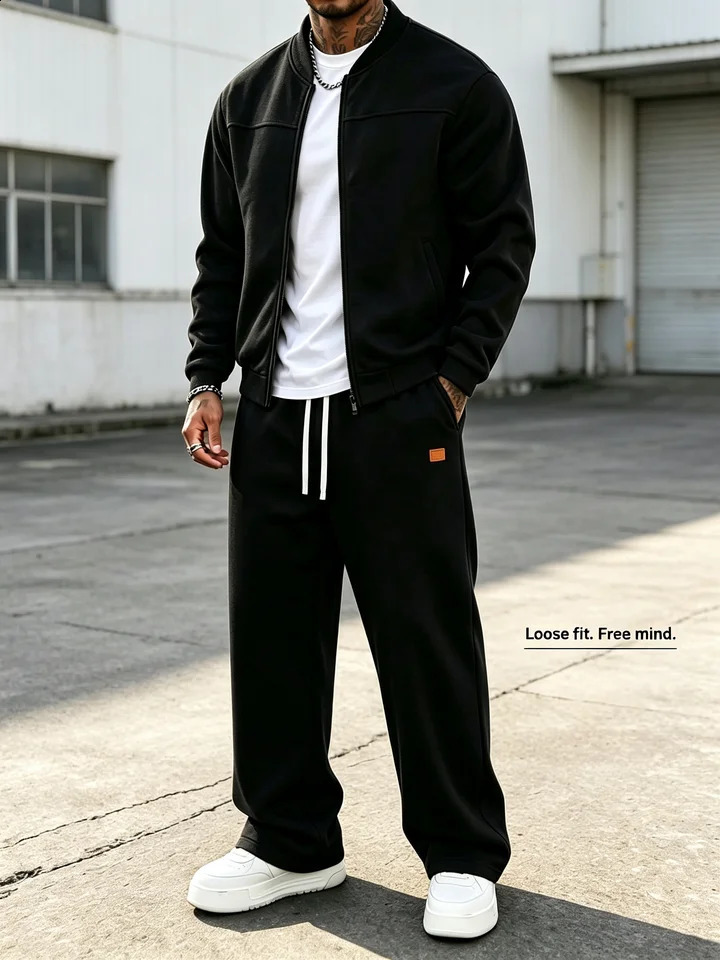 Men 2 Piece Sets Retro Streetwear Tracksuit ZipUp Bomber Jacket Wide Leg Sweatpants Casual Soft Fabric Sweat Suit Outfit 260918