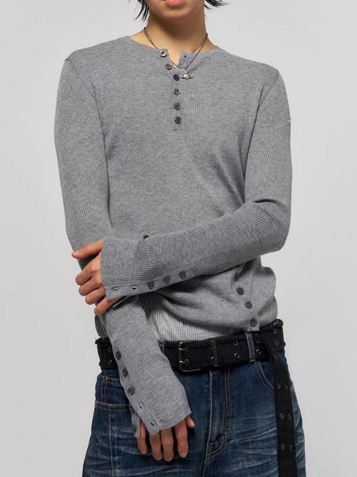 2026 Harajuku-style solid-color, minimalist, and casual long-sleeved button-down top, Korean high-street round-neck fashion T-shirt ef