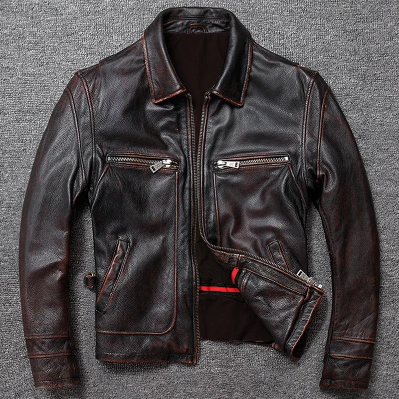 Classic Men Cowhide Coat Natural Men's Genuine Leather Jacket Vintage Style Leather Clothes Men Clothing Calf Skin Clothes 260917