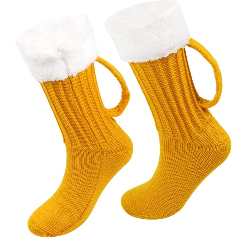 Women Winter Soft Funny Sleep Floor 3D Beer Mug Knitted Men's Padded Warm Mid-Calf Woolen Socks Christmas Gift