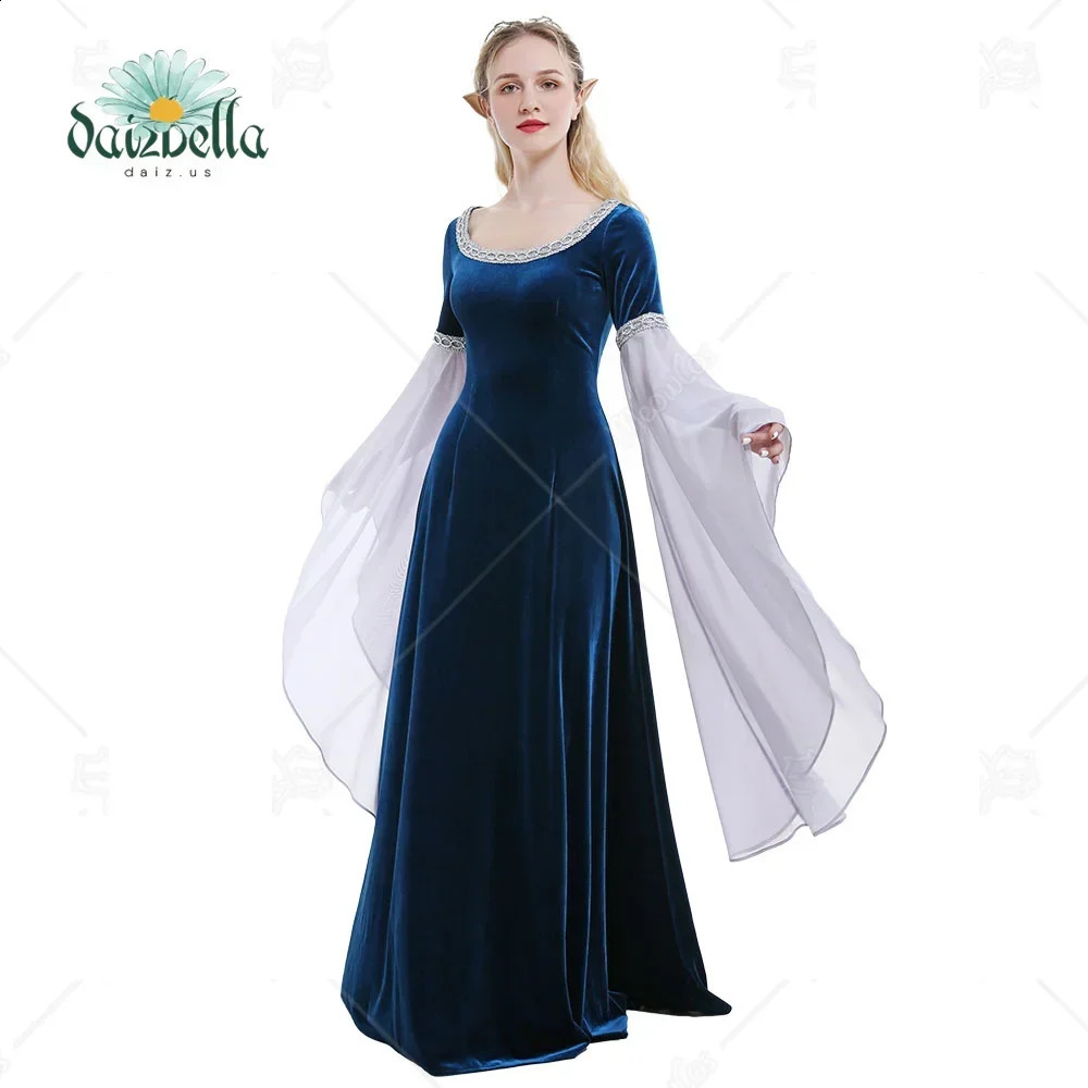 DAIZBELLA Halloween Medieval Cosplay Costume Handmade Historical Dress Retro Fairy Elf Dark Blue Velvet Gown with Sleeves 260917