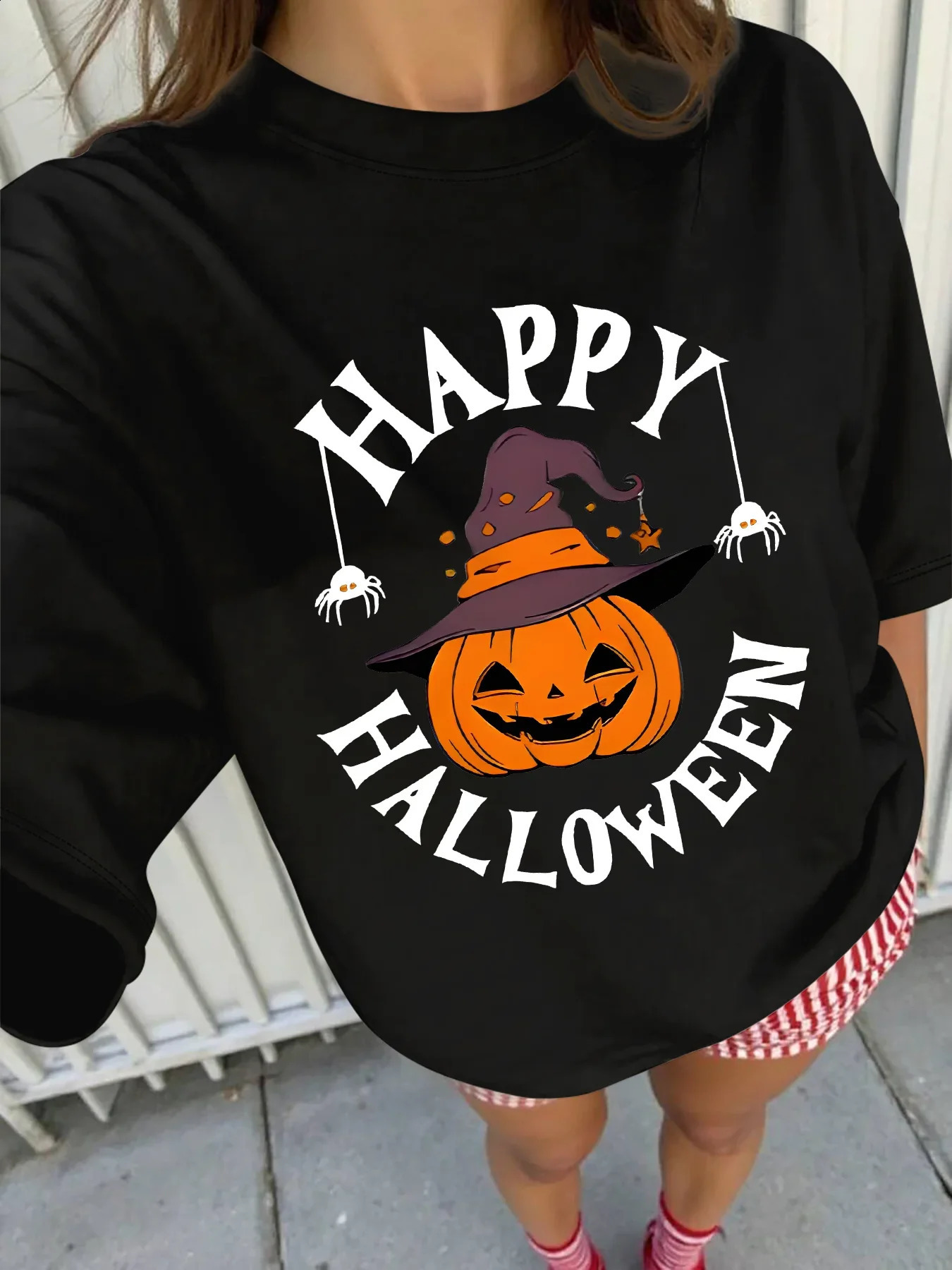 Womens Black Short Sleeve T Shirt Happy Halloween Pumpkin Graphic Festive Stylish Casual Top Kawaii Clothes Women Clothing 260918