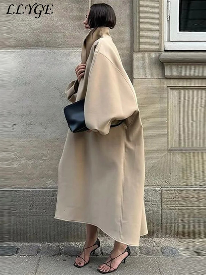 Street Women's Batwing Sleeve Long Trench Coat Loose Stand Collar Hidden Buckle Full Sleeve Windbreaker 2025 Winter Outwear 260917