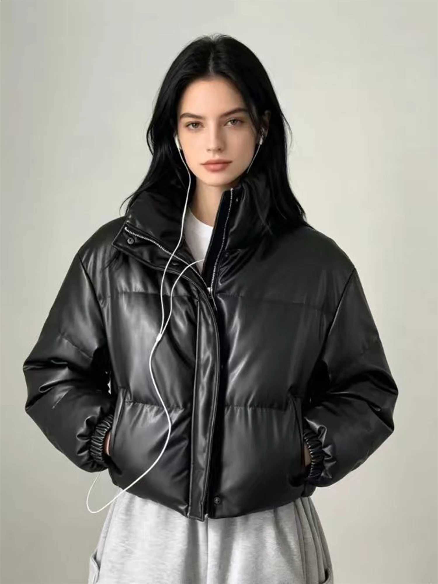 Women Black Gothic PU Leather Parka Jacket Warm Thicken Winter Jacket Harajuku Turtleneck Outerwear Vintage Padded Jackets 2026 H260917