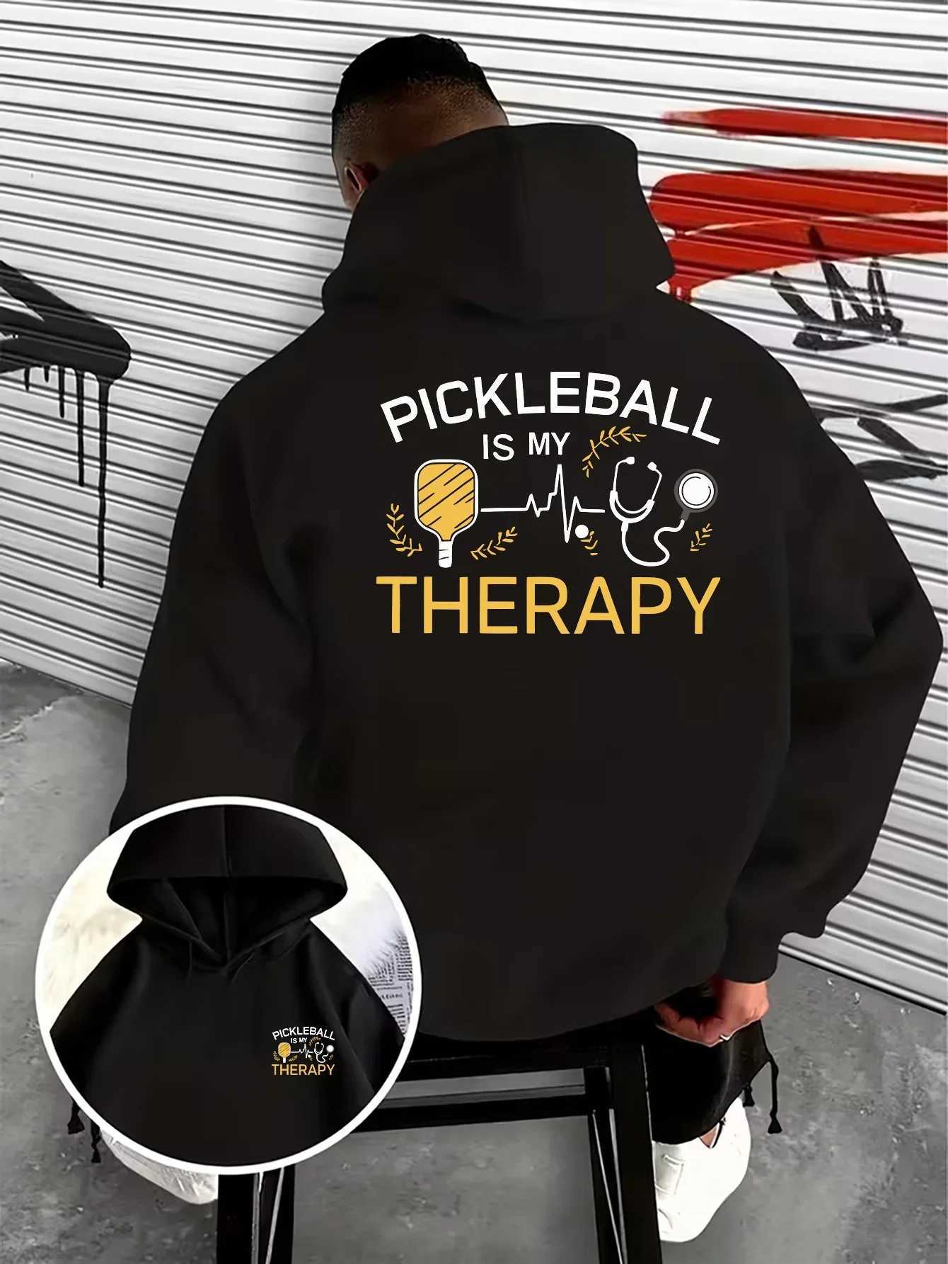 Retro Sports Theme Men Hoodie Pickleball Paddle Text Back Graphic Autumn Winter Fce Lined Hip Hop Loose Hooded Sweatshirt S260918AQ27
