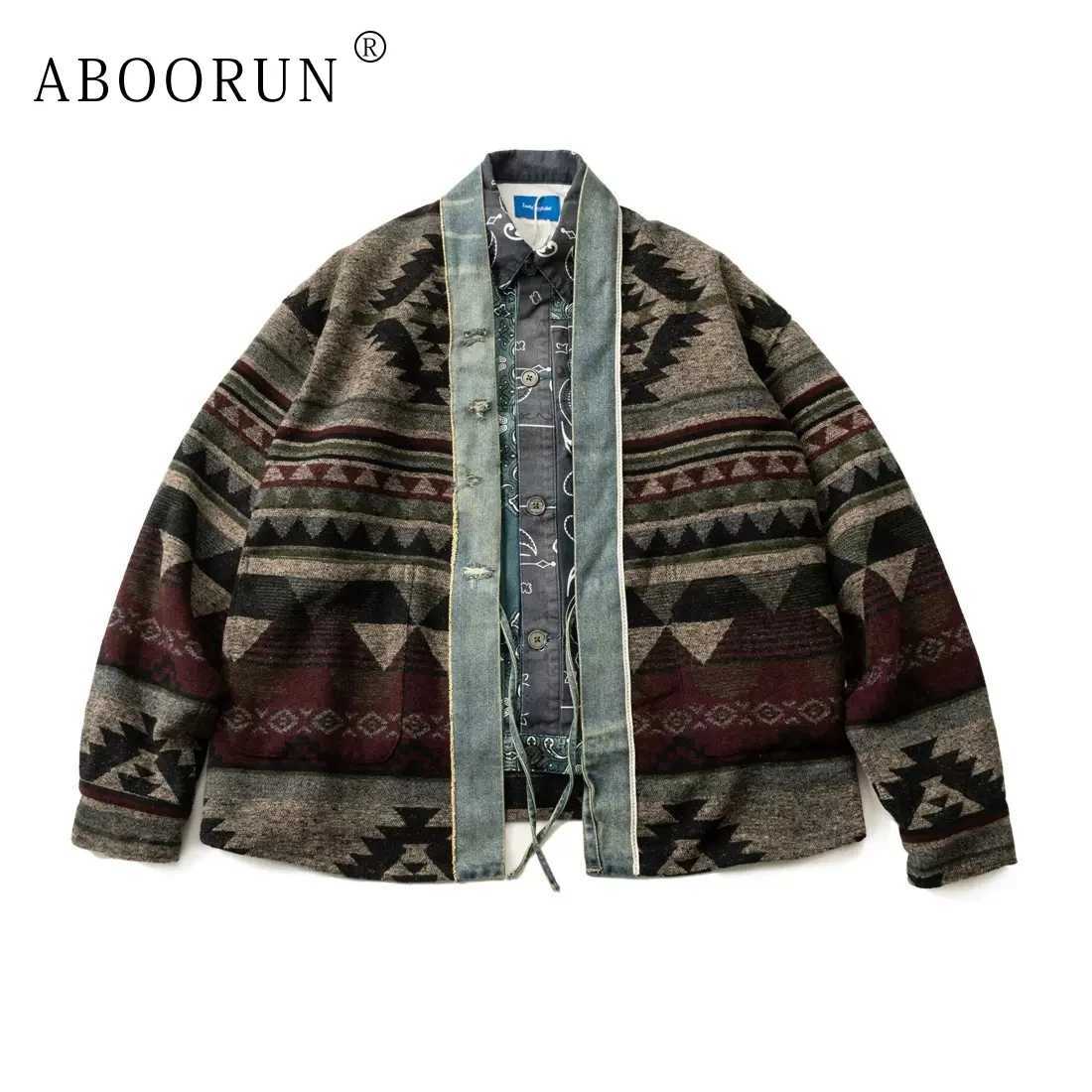 ABOORUN Men's Japanese Woolen Denim Patchwork Coats National Oversized Cardigan Jackets for Male S260918BR91