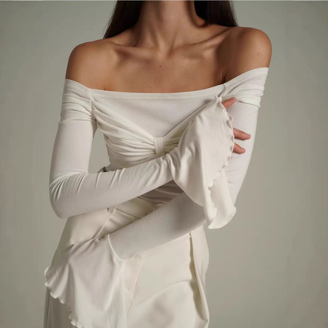 New autumn collection for Amazon: European and American style, sexy off-the-shoulder, figure-hugging, mesh, flared-sleeve, long-sleeved, cropped T-s