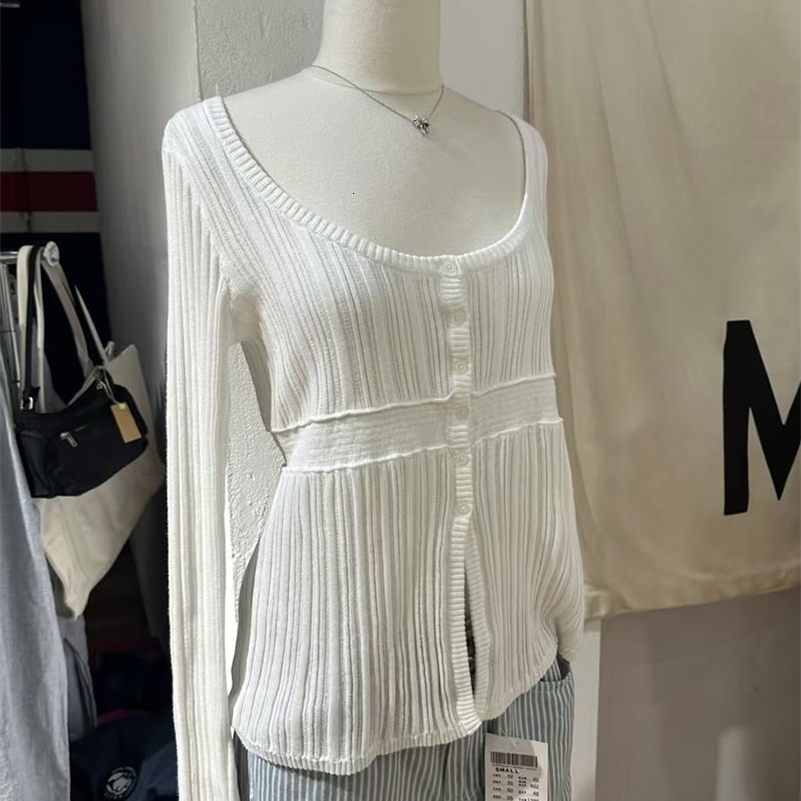 Solid Hollow Out Knitted Long Sleeve Tshirt Women Scoop Neck Single Breasted Tees Sweet Preppy Style Waist Cinched Cardigan 260826