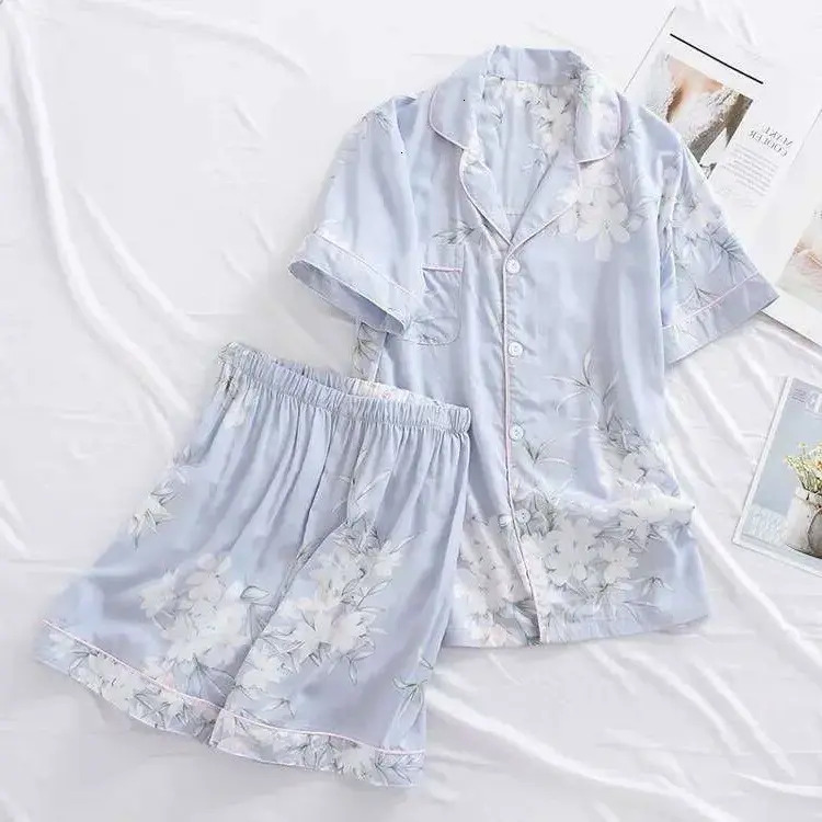 Women Pajamas Summer New Ladies Suit Viscose Buckle loungewear Comfortable Man Made Cotton Short Sleeved Shorts Two Piece Home Service Set Sleepwear