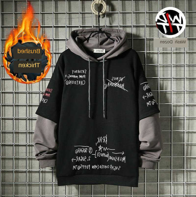 Men's Christmas /Autumn hoodie Spring Sweater Retro Mock Two-Piece Hooded Korean Hip Hop Print Sweatshirt Loose Hoodie Male Fleece Padded Jacke