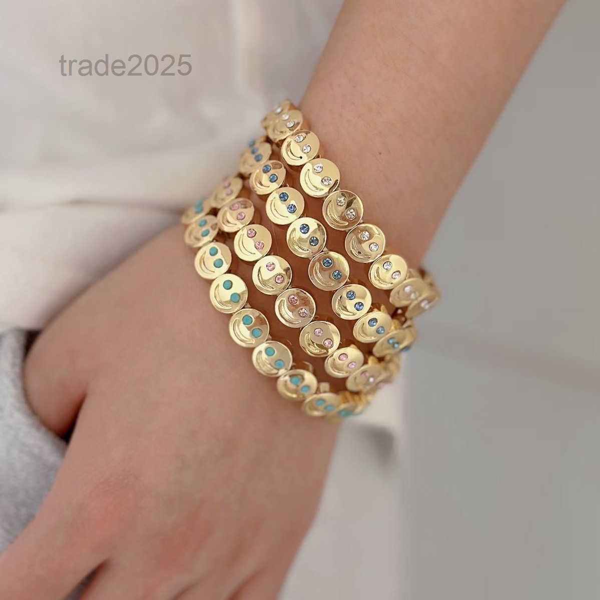 Women bracelet gold color smile face style elastic rope strand bracelets diamond crystal bead stainless steel bangle for girls ladies jewelry wholes