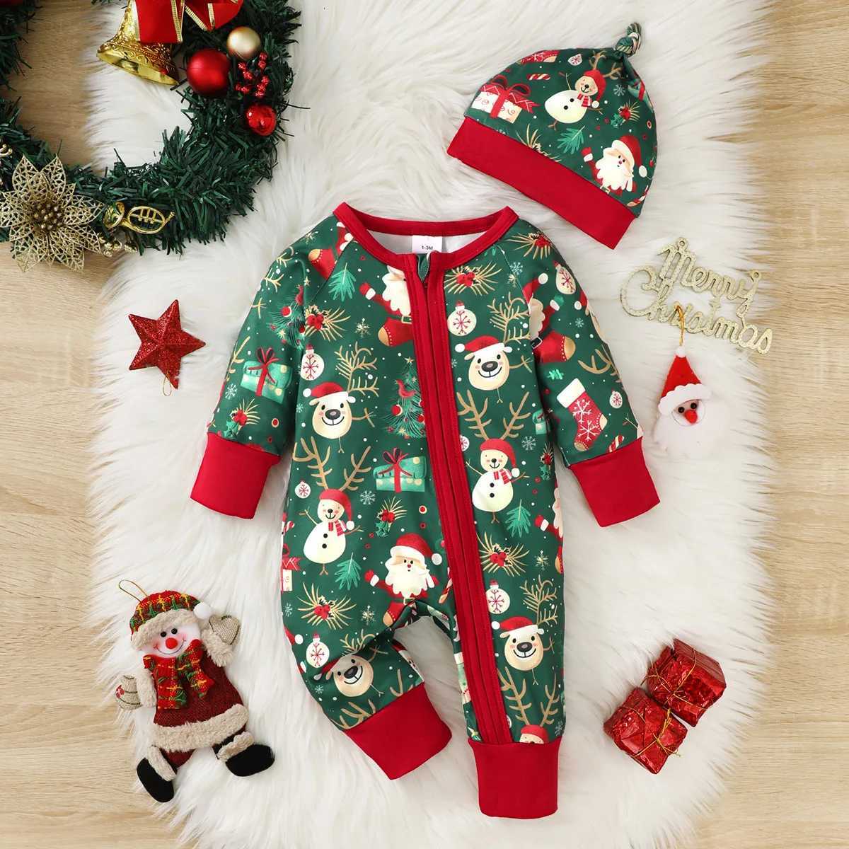 Girl Christmas Bodysuit Christmas Baby Elements Zipper Long Sled Bodysuit+Hat Fit 0-18 Months Baby's New Year's ClothingW260917