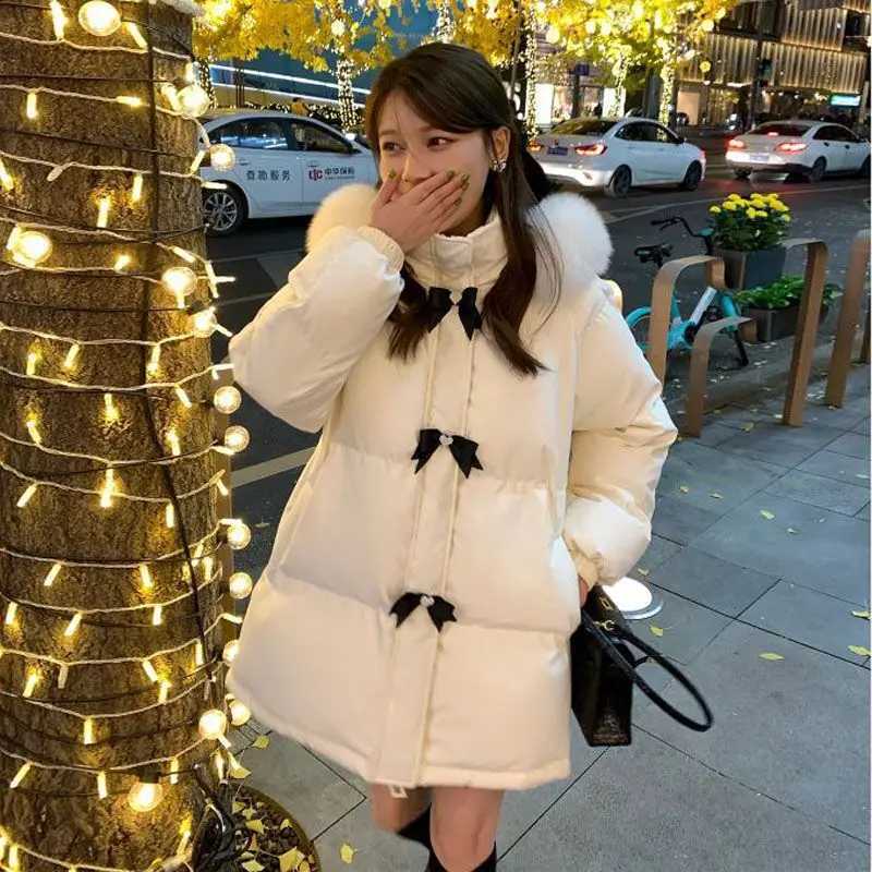 New Fashion Warm Jacket Winter Bow 2025 Winter Big Collar Hooded White Down Cotton Coat Women's Cotton Parkas High Street Trend H260917