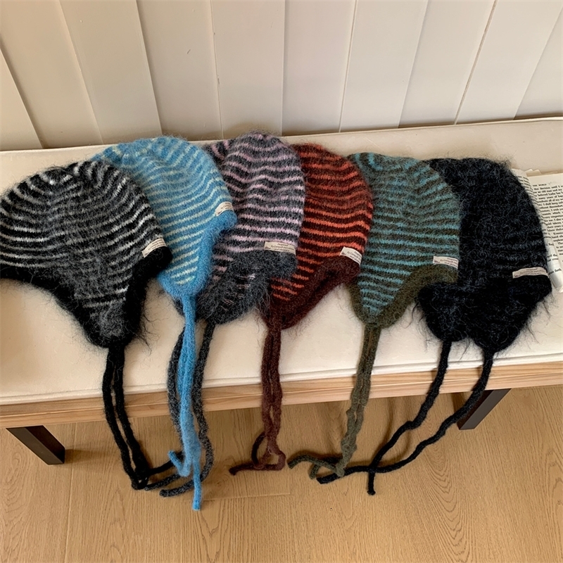 Winter Hat Women Wool Knitted Striped Beanie Baggy Cap Warm Windproof Outdoor Ski Balaclava Casual 260917